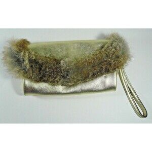 Hype Metallic Gold Leather Wristlet Bag Fur Trim